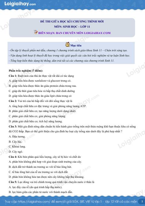 Đề thi giữa kì 1 Sinh 11 Chân trời sáng tạo - Đề số 5